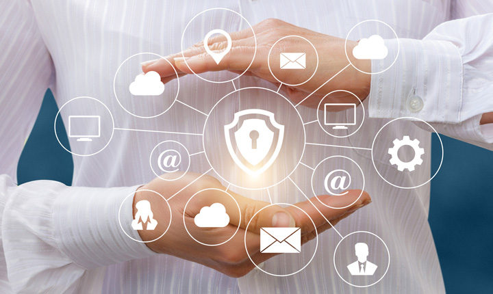 A woman standing with a thought-cloud surrounded by a web of computer icons