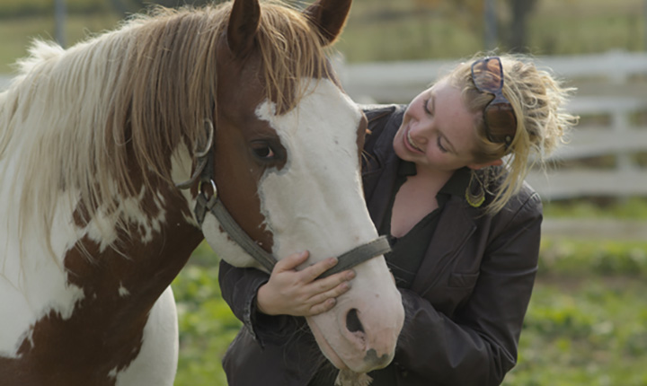 Woman embracing horses' head standing in pasture