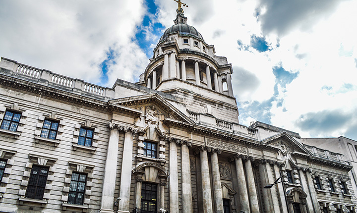 Front of Old Bailey building in London, England
