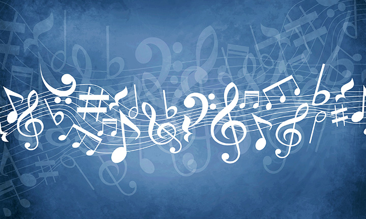 Scattered musical notes and symbols on a blue background