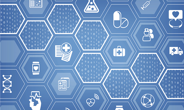 healthcare graphic blue background white icons including DNA strands, pills, needle, binary code