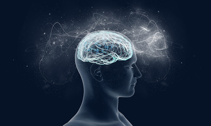 Digital rendering of a transparent human with brain highlighted and surrounded by a cloud of lines and dots