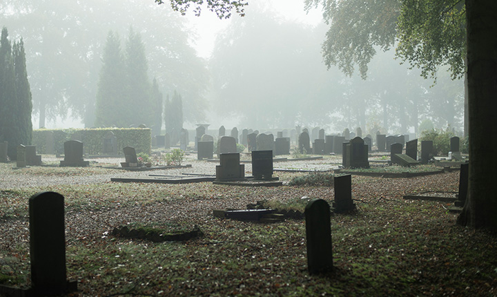 Graveyard shrouded in mist