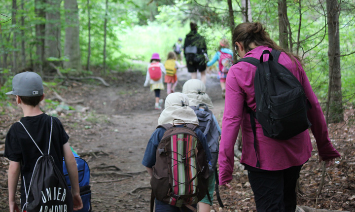 Children walking down path through woods