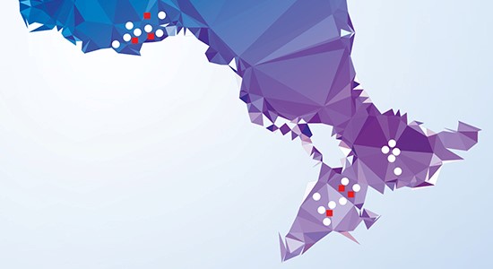 Blue to purple gradient across province of ontario with red and white dots indicating major citiies